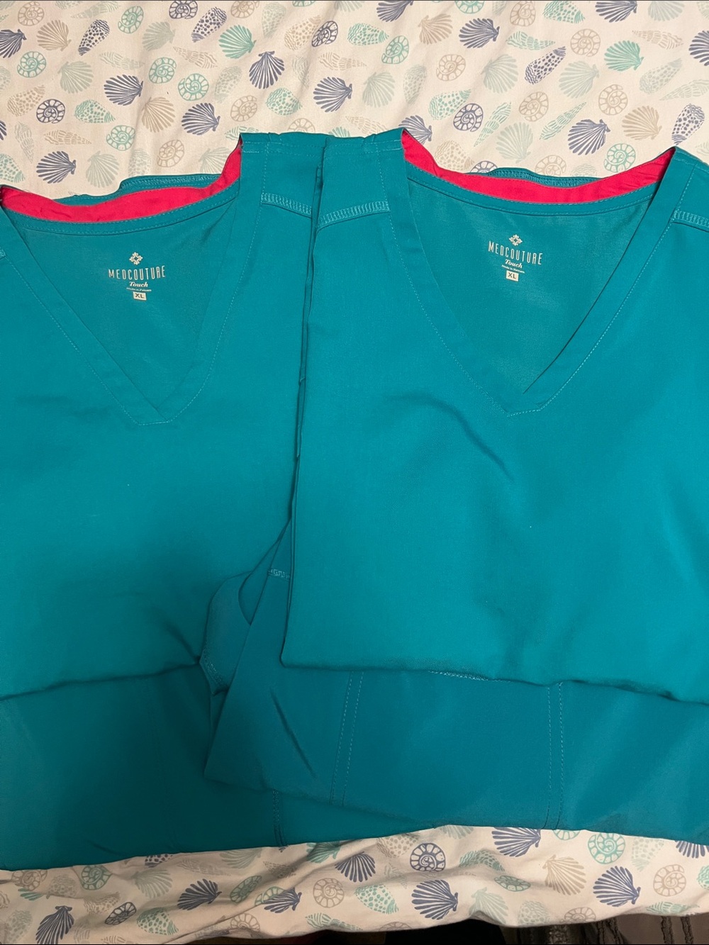 Med Couture Teal Scrub Tops and bottoms with Pink Contrast Trim